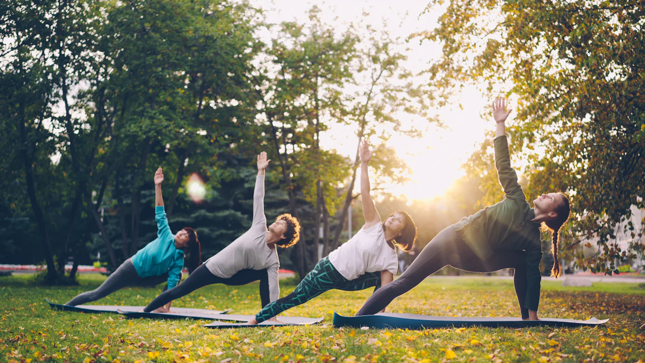 A group practising side plank on mats in a park at sunset